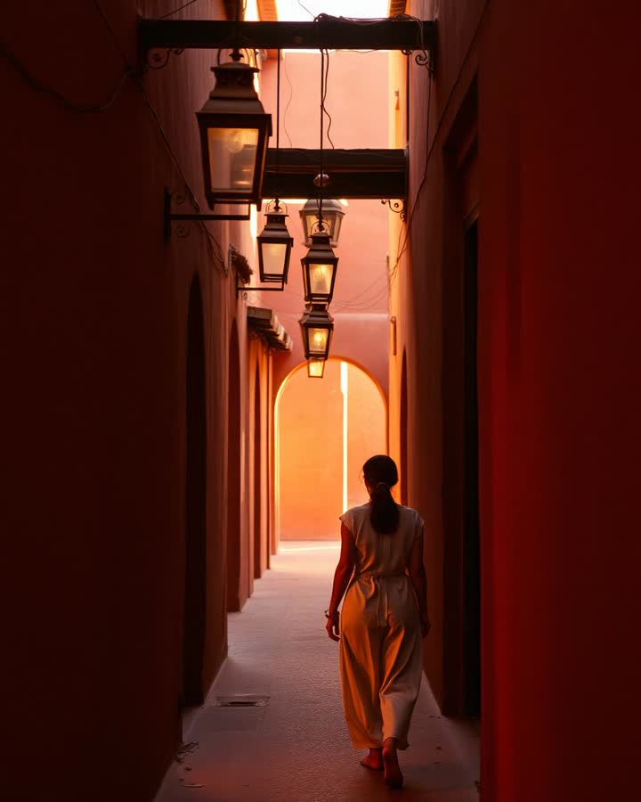 Lantern-lit alley in the Marrakech medina at golden hour
