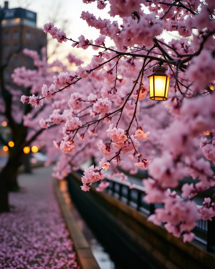 Cherry blossoms in bloom along the Meguro River at dusk